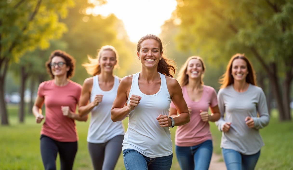 Glückliche, gesunde Menschen in verschiedenen Umgebungen, symbolisch für Erfolg und Wohlbefinden.