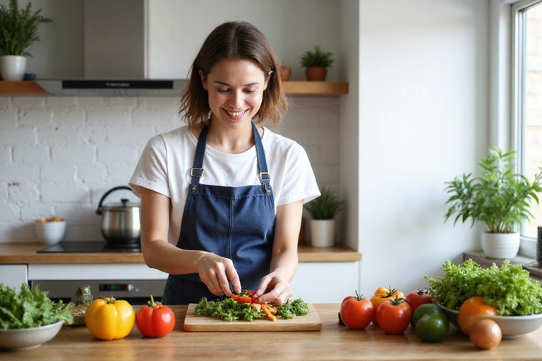 A woman in a kitchen preparing a healthy meal with fresh vegetables and fruits, smiling
